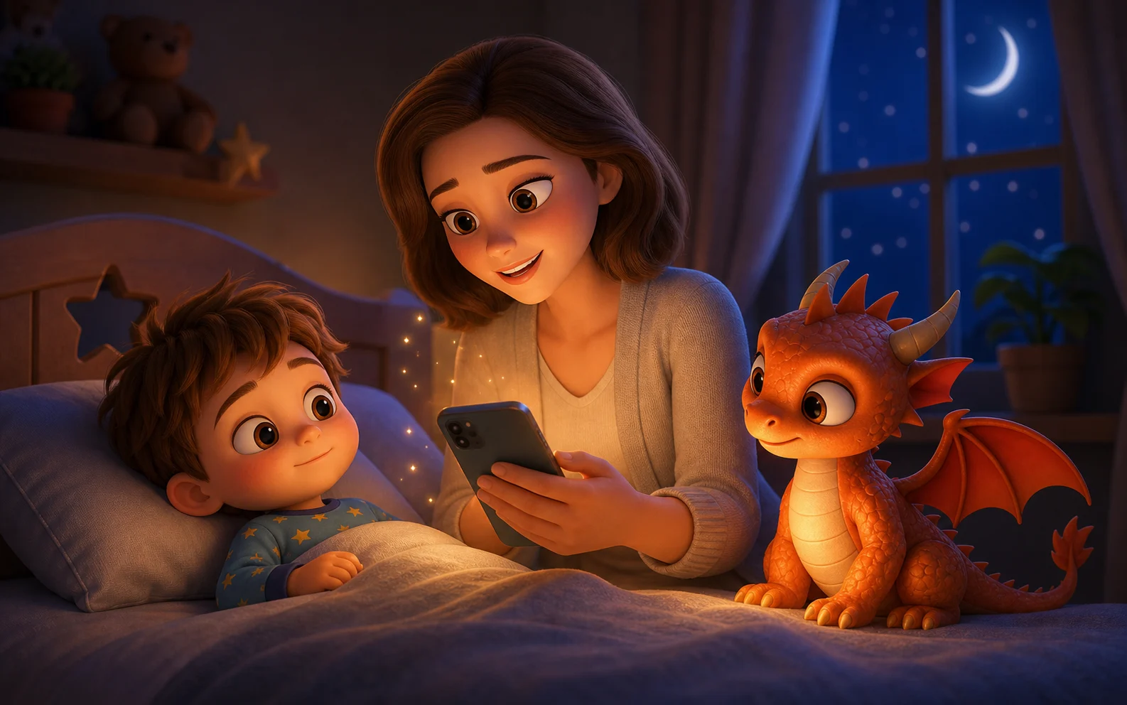 Eine Mutter liest ihrem Kind im Bett vom Smartphone vor, Luminos sitzt daneben